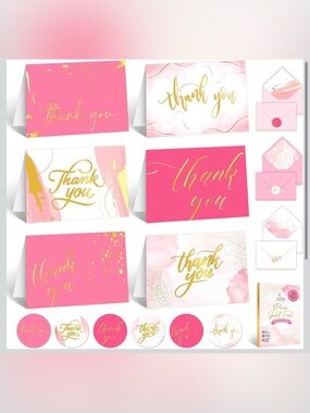Elegant Pink & Gold Thank You Card Set - Blank Note Cards